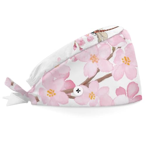 Mularoka Watercolor Dragonfly Flowers Working Caps with Button Sweatband Comfortable Adjustable Bouffant Hats Work Hat for Women Men