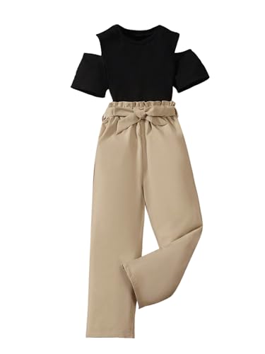 Image of OYOANGLE Girl's 2 Piece Outfits Rib Knit Short Sleeve Cold Shoulder Tee and Belted Pants Sets
