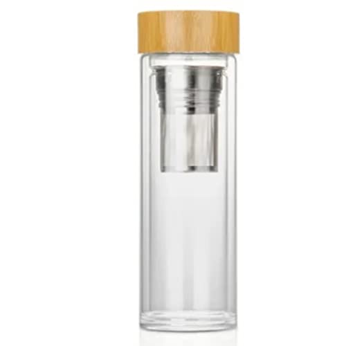 Botella de infusor de té de doble pared de 400 ml, vidrio aislado con tapa de madera y manga protectora, vaso de viaje para bebidas calientes o frías