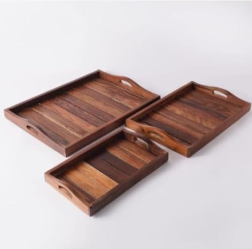 Image of BalladCraft Wooden Serving Tray Set, Set of 3, Handcrafted from Saharanpur, Dark Brown (Round Handle)