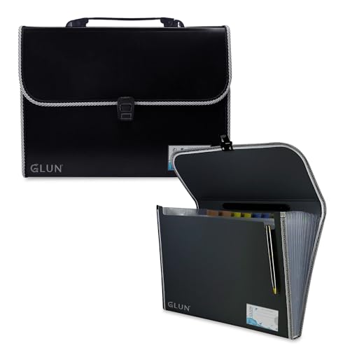 Image of GLUN 13 Pocket Expanding File Folder with Handle & Buckle Closure for A4 Size Documents - Portable Accordion Folder Organizer (Black)