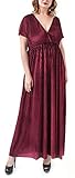 FEREMO Plus Size Summer Formal Dresses Wedding Guest V Neck Short Sleeve Maxi Dress (Burgundy,1X)