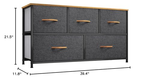 DWVO Dresser TV Stand, Fabric Dresser with 5 Drawers, Dresser for Bedroom, Wide Dresser, Storage Tower, Chest of Drawers for Closet, Living Room, Hallway, Dull Grey