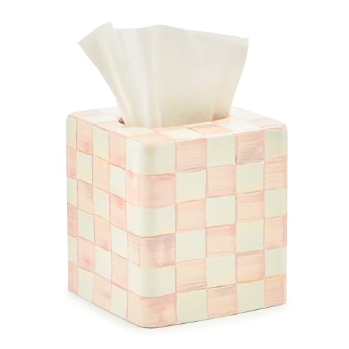 MACKENZIE-CHILDS Boutique Square Tissue-Box Cover, Tissue Holder for Home Decor, Pink-and-White Rosy Check