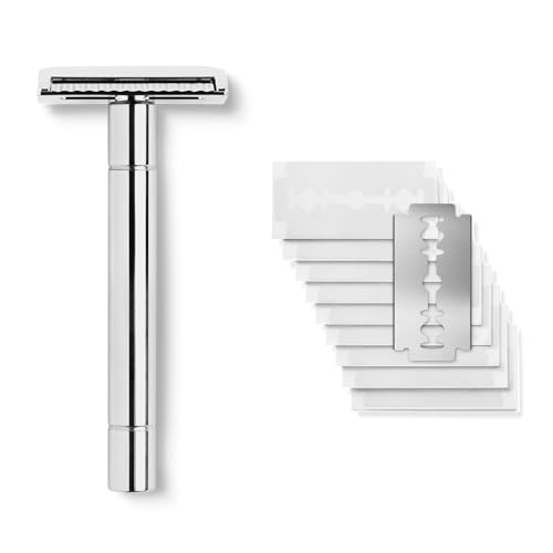 Störtebekker Maquinilla de afeitar de alta calidad 'Solingen' de acero inoxidable pulido, incluye guía de afeitado [+ 10 cuchillas Störtebekker], idea de regalo, kit de afeitado en húmedo