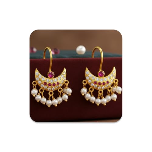 Image of VAMA FASHIONS 18K Gold Plated Anti Tarnish Half Moon Peacock Shape Traditional Maharashtrian Press on Bugadi Upper Ear Clip on Earrings For Women & Girls
