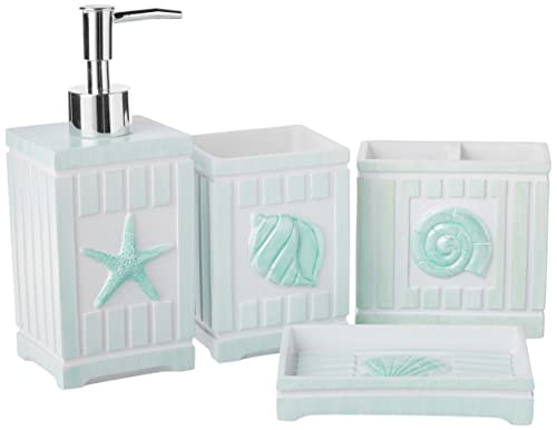 Sweet Home Collection Współczesne dekoracyjne piękne wzory wanna prysznicowa dekoracja, żywica, muszle plażowe, 4-częściowy zestaw