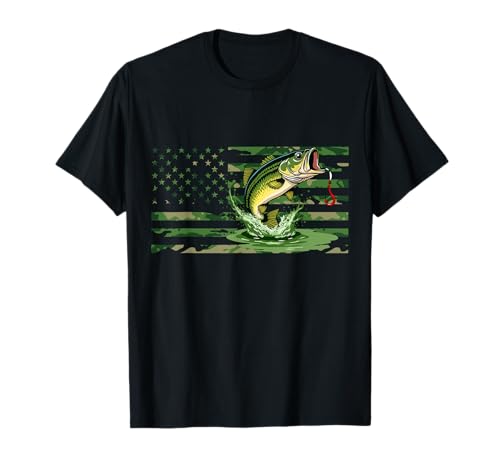 Bandera americana de EE. UU. Camo Bass Fish Fishing Camouflage Fisherman Camiseta