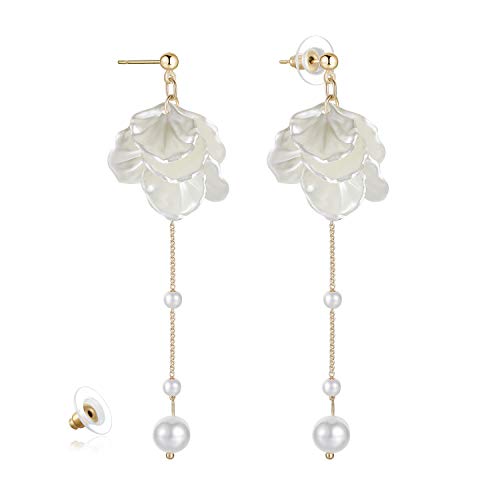 Kruckel Pearl Flower Long Drop Dangling Earrings - Cute Sparkly Golden Stud Lightweight Women Jewelry, White Petal Dangles, Easy - Wear Fashion Design Accessory with Durable Jewelry Box2