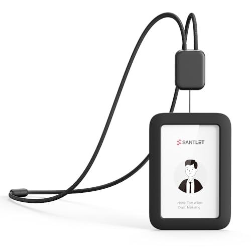 Lanyards for ID Badges Holder, SANTLET Silicone ID Badge Holder Name Card Case Protector with Retractable Cord, Safety Breakaway Buckle, 2 Card Slots for Office Staff Teachers Employees Cruising Black