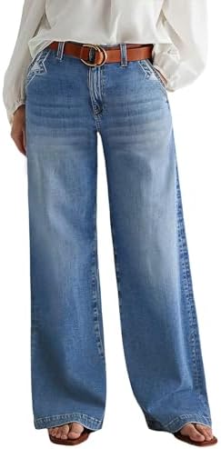 Flamingals Wide Leg Jeans for Women Mid Waist Baggy Stitch Decor Denim Washed Pants Without Belt