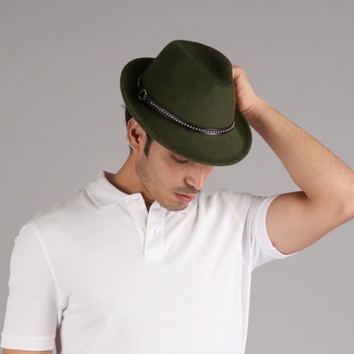 Image of The Tie Hub Fedora Hat, Premium Felt Construction, Wide Brim Vintage Silhouette, Adjustable Drawstring Fit, Green, Size M