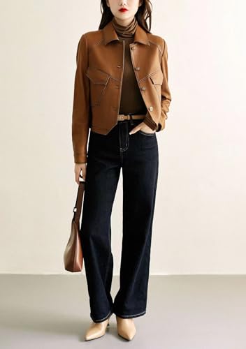 utcoco Women's Cropped Faux Leather Motorcycle Jacket 2025 Fall Fashion Button Up PU Coat Outerwear with Pockets3