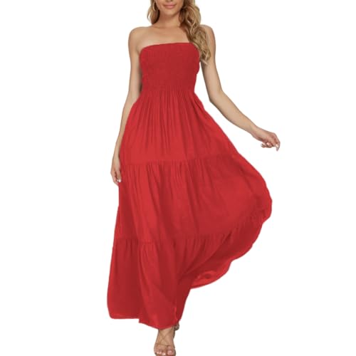 Image of Women's Summer Strapless Tube Top Maxi Dresses Off Shoulder Boho Beach Long Dress