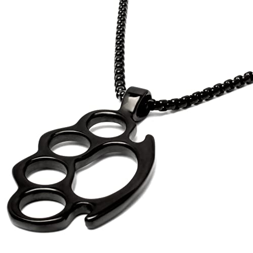 Schlagring Anhänger aus massivem Edelstahl mit Halskette Silber Gold Schwarz Blau Männer Schmuck Geschenk Gangster Rapper Outlaw Kette (Schwarz)