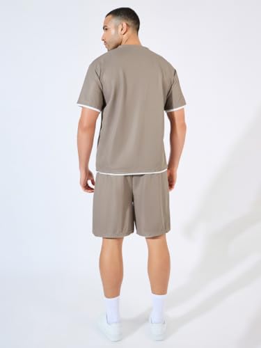 Styli Men Waffle Knit Oversized Badge T-Shirt & Shorts Co-Ords L Beige