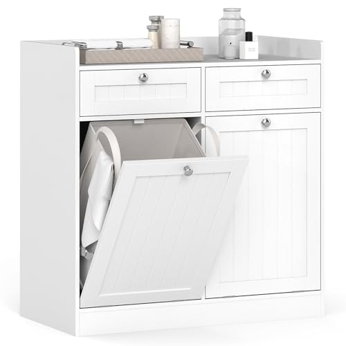 GIANTEX Armario de Suelo de Baño con Cesto Ropa Sucia, Mueble con Cajón y Cesto Abatible, Bolsa Extraíble y Plegable con Asas, Organizador de Madera para Lavandería, Dormitorio (79x40x80cm)