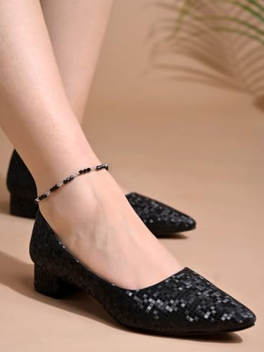 Image of Shoetopia Women's Low Block Heel Pumps - Elegant Pointed Toe Slip-On Dress in Textured Finish - Comfortable Office & Formal Footwear
