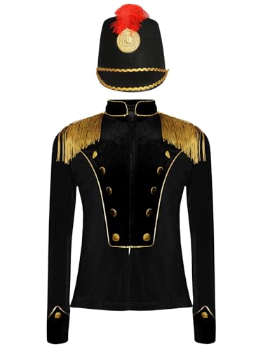 Kids Boys Girls Marching Band Majorette Uniform Tassels Velvet Circus Ringmaster Jacket with Hat - Main Image