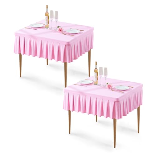 Wish Care 2 Pack Pink Spandex Tablecloths for 34x34 Inch Square Tables, Stretch Fitted Table Clothes with Pleated Ruffle Skirt for 34” Table, Wrinkle Free and Elastic, for Party Kitchen Home Dining