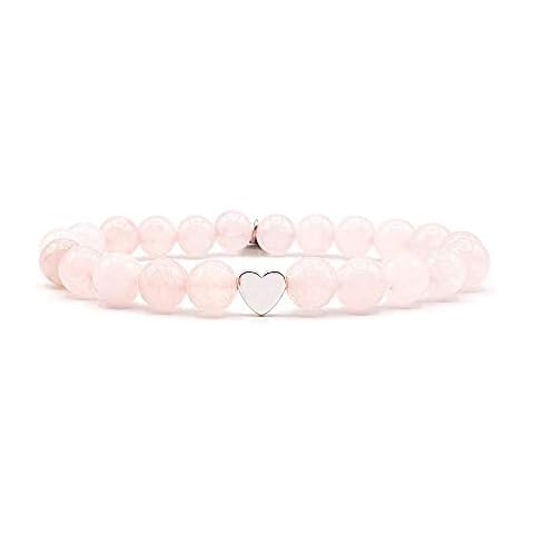 KARDINAL WEIST heart rose quartz bracelet, semi precious gemstone beads, jewellery for women, chakra - love - heart - passion - romance (2 - silver) Cover