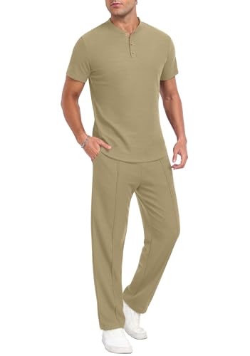 PrinStory Men's Short Sleeve Outfits Waffle Knit Henley Shirt and Pants Set Casual 2 Pieces Summer Tracksuits with Pockets