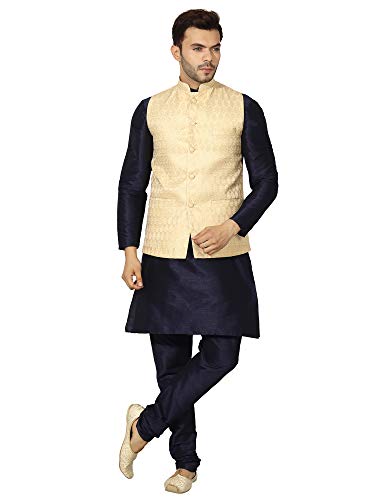 Image of Uri and MacKenzie Men's Silk Blend Regular Kurta Churidar Pyjama with Bundi Nehru Jacket /Waistcoat
