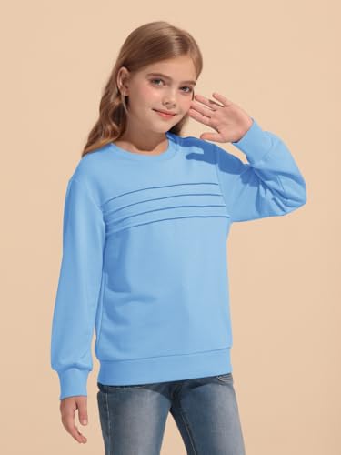 Haloumoning Kids Girls Crewneck Sweatshirt Casual Long Sleeve Pleated Front Casual Fall Pullover Tops 5-14 Years3