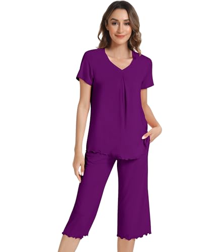 Image of NACHILA Women's Pajama Sets Cooling Bamboo Viscose V-Neck Top & Capri Pants | Lightweight, Breathable, Moisture-Wicking, Buttery Soft, Ideal for Hot Sleepers, Night Sweats and Hot Flashes, Sleep & Lounge