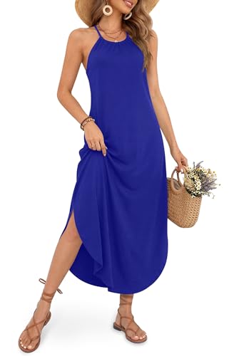 Robe longue d'été bleu marine décontractée pour femme taille XXL avec fente latérale For G and PL