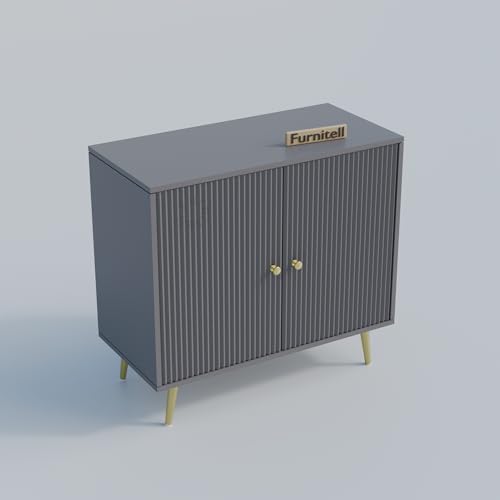 Image of Wooden Storage Cabinet for Living Room & Bedroom | Fluted Design Sideboard with 2 Doors | Multipurpose Organizer for Entryway | HDMR Premium Wood | Gold Metal Legs | Grey