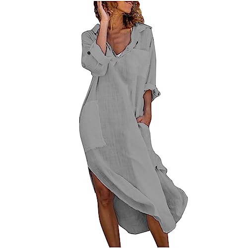 Zeiayuas Sommerkleider Damen Leicht Kaftan Kleid Damen Sommer Baumwolle Langarm Maxi Leinenkleid mit Taschen Lose V-Ausschnitt Falten Leinen Boho...