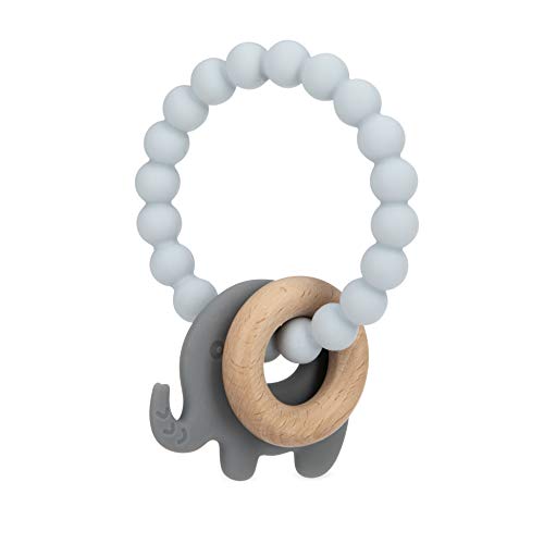 Image of Nuby Natural Wood & Silicone Teether Ring: 3 M+, Elephant, Gray
