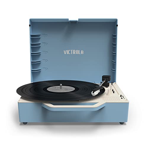 Image of Victrola Re-Spin - Sustainable Suitcase Vinyl Record Player, 3-Speed (33 1 /3, 45 & 78 RPM), Belt-Driven Bluetooth Turn Table with Built-in Bass Radiator, 3.5mm Headphone Jack (Light Blue)