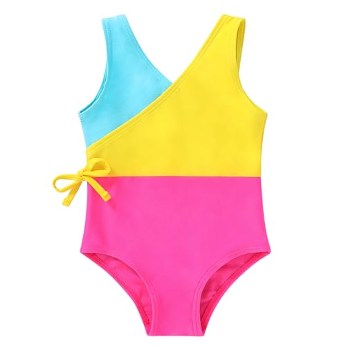 YOUNGER TREE Toddler Girl One Piece Swimsuit Color Block Stripe Swimwear Summer Beach Bathing Suit(Bright Yellow Candy Color Block,4-5T)