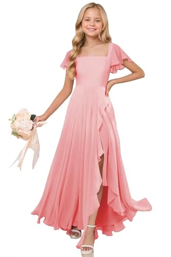 JISISANG Junior Bridesmaid Dresses for Teen Girls Short Sleeve Chiffon Girl Dress for Wedding Guest Formal Flower Girl Dress4
