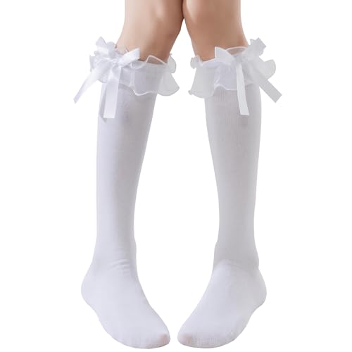 Image of AMHRLINGTO Women's Lace Ruffle Frilly Ankle Socks - Girl Cotton Knee High Socks with Bow Lace Ruffle Trim
