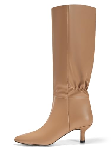 Coutgo Womens Kitten Heel Knee High Boots Pointed Toe Tall Boots Pull On Winter Dress Long Boot Shoes