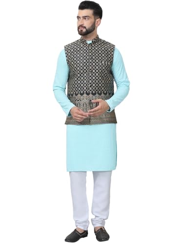 Image of SOJANYA (Since 1958 Men's Cotton Linen Maroon Kurta and White Pyjama with Mustard Cotton Nehru Jacket