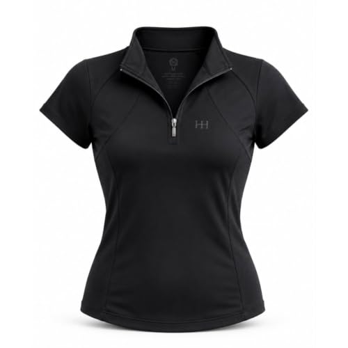 Image of half halt equestrian Premium Women's Equestrian Breathable Short Sleeve Base Layer Horse Riding Top Quick Dry Ultra Soft T-Shirt Four-Way Stretch (UK, Alpha, S, Regular, Regular, Black)