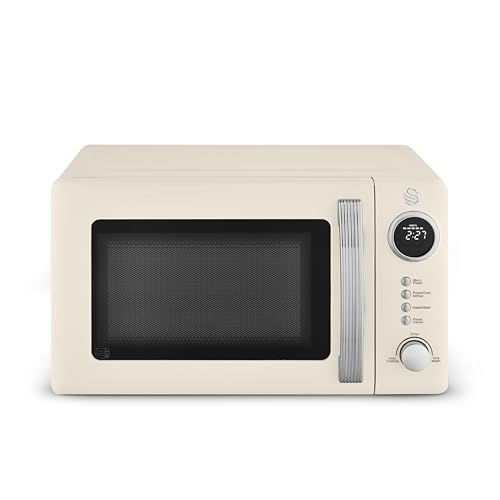 Swan Microondas digitales retro de 20 L, 5 niveles de potencia, 12 preajustes de cocción automática, descongelación por peso o tiempo, pantalla LED, 800 W, crema Chantilly, SM4425CRM