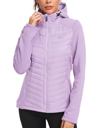 Image of MoFiz Womens Fleece Lined Softshell Jacket Hooded Lightweight Insulated Puffer Hybrid Down Jacket Full Zip Running Coat