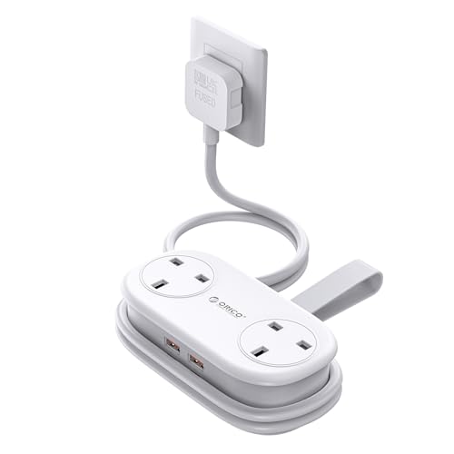 ORICO 65W GaN Travel Extension Lead with USB Slots (2 USB-A/2 USB-C), Flat Plug Power Strip with 3 Way Plug Extension Socket and 1.6M Extension Cord, Fast Charger for MacBook/iPad/iPhone-White