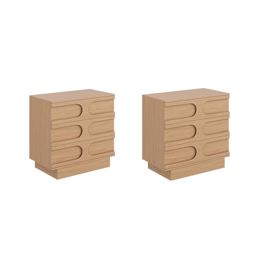 Image of Nathan James Iris 3 Drawer Dresser, Mid-Century Modern Solid Wood Dresser for Bedroom, Raw Oak Set of 2