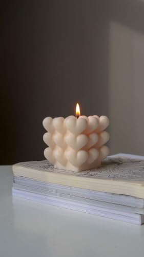 Image of Heart Bubble Cube Candle, Ivory, Decorative Pillar Candle, Aesthetic Home Decor