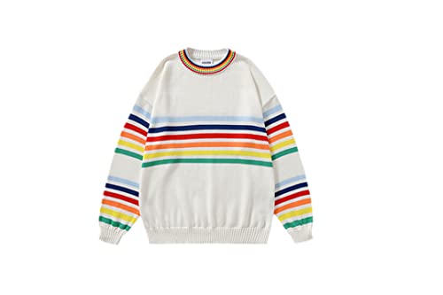 Sweat-shirt rayé arc-en-ciel blanc style Harajuku coupe ample XXL