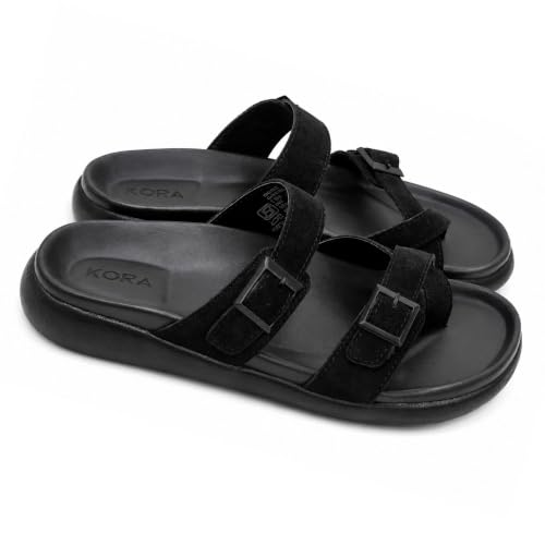 Image of KORA Black Suede Slide Sandals with Double Buckle Straps - KS-HY-01