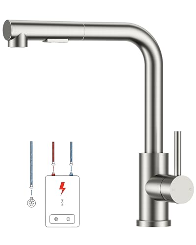 FORIOUS Niederdruck-Küchenarmatur, Einhebel-Warm- und Kaltwasserhahn, Wasserhahn mit 3 anschluessen fuer boiler, geeignet für Boiler und Untertischboiler, Roestvrij Staal
