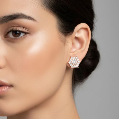 Image of Nilu's Collection Rose Gold Plated Triangular Design Pearl Stud Earrings With American Diamond for Women And Girls | Gift For Her | Anti- Allergy |Anti-Tarnish | Office Wear