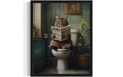 Image of Cat on Toilet Black Framed Wall Art Print Poster, Dog Bathroom Humor Decor Posters Prints for Restroom Home Picture Painting Artwork Gallery 7 (Cat, 20 inchL x 16 inchW, Black Frame)